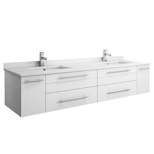 Lucera 72 in. W Wall Hung Bath Vanity in White with Quartz Stone Double Sink Vanity Top in White with White Basins