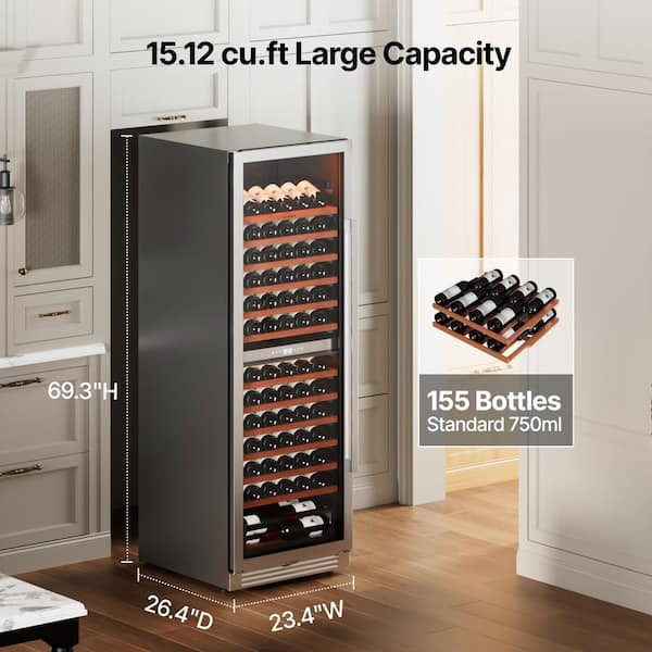 24 in. Dual Zone 155-Bottle Built-In Wine Cooler Fridge Wine Refrigerator in Stainless Steel(Left Hinged)