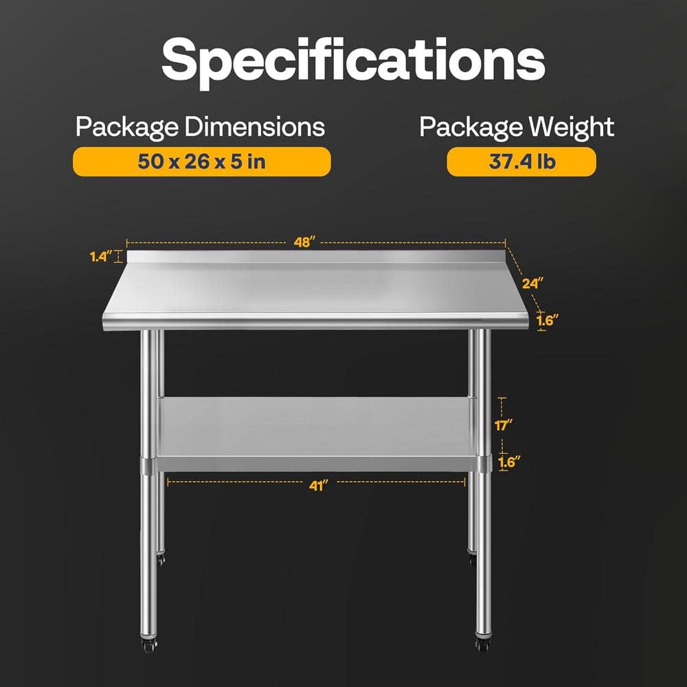 48'' Stainless Steel Work Table with Backsplash and Casters