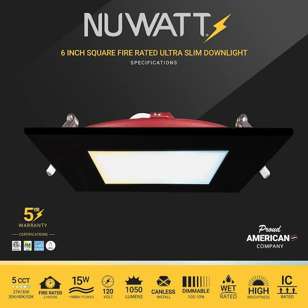 NuWatt 6 in. Black Square 2HR Fire Rated Canless 5CCT Select