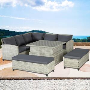 6-Piece Gray Wicker Outdoor Sectional Set, Rattan Outdoor Patio Set with Gray Cushions, Benches and Elevating Table