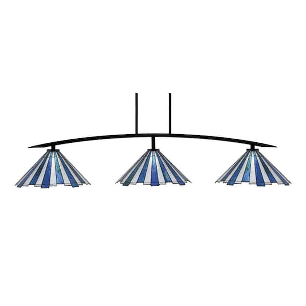 Unbranded Siena 3-Light Matte Black Billiard Light with 16 in. Sea Ice Art Glass Shades No Bulbs Included