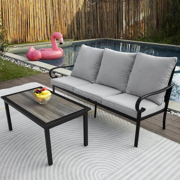 Unbranded Black Metal Outdoor Sectional Set Conversation 3-Seater Sofa with Table and Gray Cushions for Porch, Balcony, Deck
