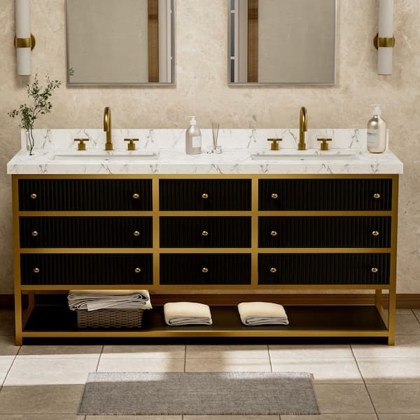 Solidoak 72 in. W x 22 in. D x 35.4 in. H Single Sink Bath Vanity in Black with White Engineered Marble Top