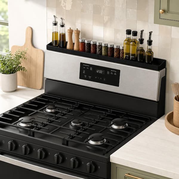 1-Shelf Black Magnetic Mount Stove Top Storage Shelf, Heat Resistant Silicone Spice Rack Organizer for Kitchen Counter