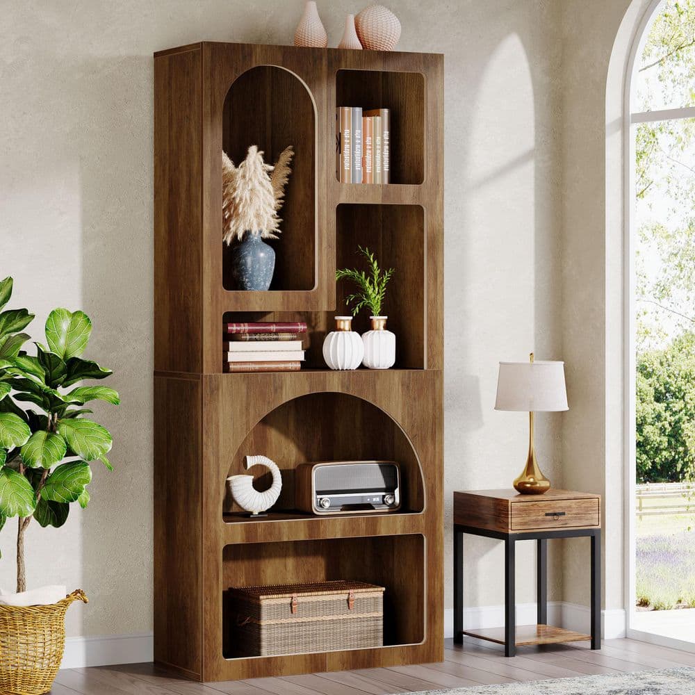 Eulas 70.9 in. Tall Brown Wood 5-Shelf Standard Bookcase Set of 2, Open Art Decor Display Shelf with 5 Irregular Storage