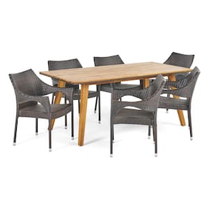 Grove Teak Brown 7-Piece Wood and Multi-Brown Faux Rattan Outdoor Dining Set