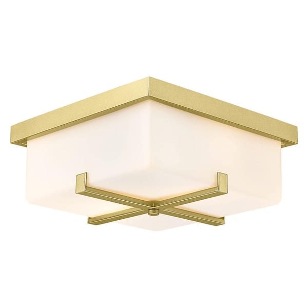 JAZAVA 11 in. 2-Light Gold Flush Mount With Frosted Glass Shade and No Bulbs