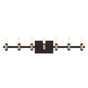 Albany 32.25 in. 7-Light Black/Brass Integrated LED Vanity Light Bar with Frosted Acrylic Shades