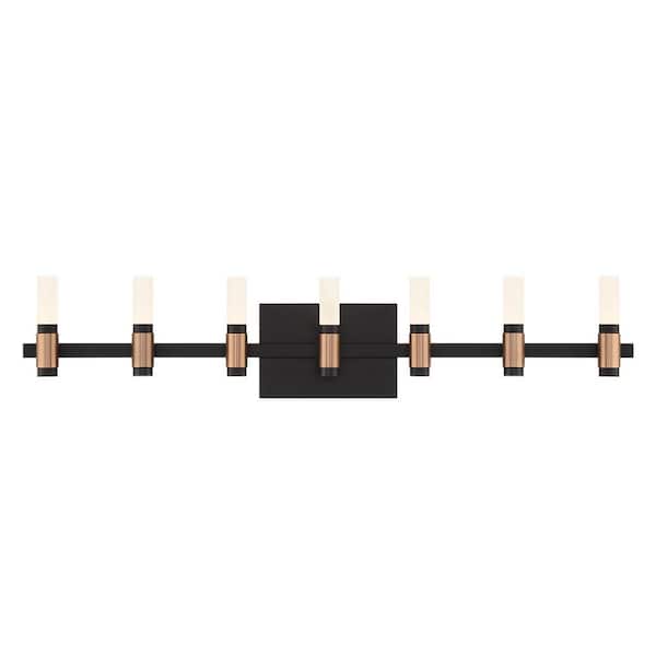 Eurofase Albany 32.25 in. 7-Light Black/Brass Integrated LED Vanity Light Bar with Frosted Acrylic Shades