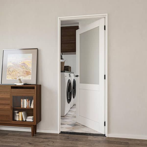 30 in. x 80 in. 1/2-Lite Frosted Glass Right Handed White Solid Core MDF Door Kit with Quick Assemble Jamb