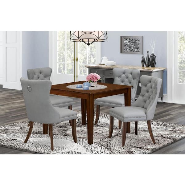 East West Furniture 5-Piece Antique Walnut Finish Solid Wood Top - Square Upholstered Dining Room Set - Seats 4