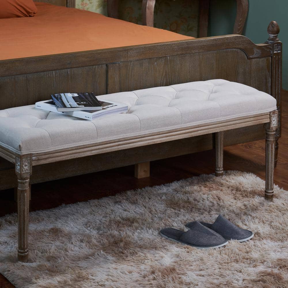 Beige French Vintage Upholstered Bench with Carved Wood Frame