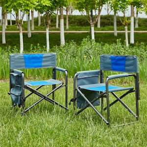 2-Piece Blue Metal Folding Outdoor Lawn Chair with Storage Pockets