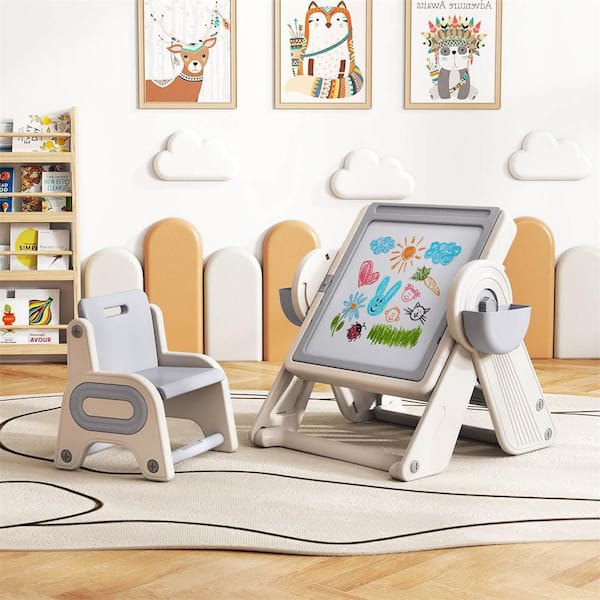 2-Piece Rectangle Plastic Top Gray Multi-activity Children Table and Chair Set with Pen Slot, Storage Baskets