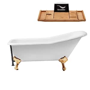 66 in. Cast Iron Clawfoot Non-Whirlpool Bathtub in Glossy White with Matte Black Drain and Polished Gold Clawfeet