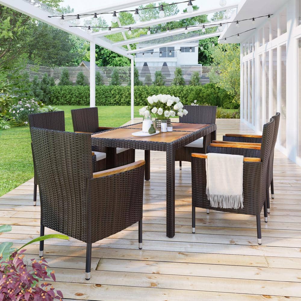 Brown 7-Piece Wicker Patio Dining Set with Beige Cushions and Acacia Wood Table
