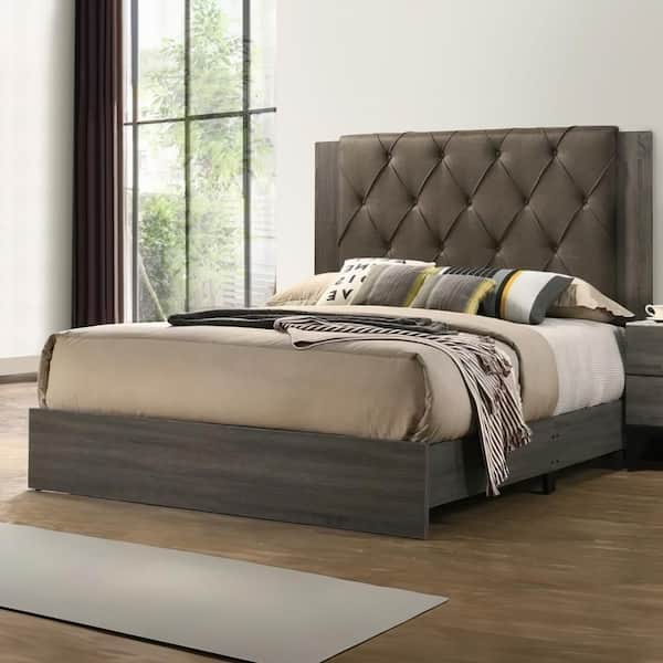 Benjara Gray and Brown Wooden Frame King Platform Bed with Button Tufted Headboard