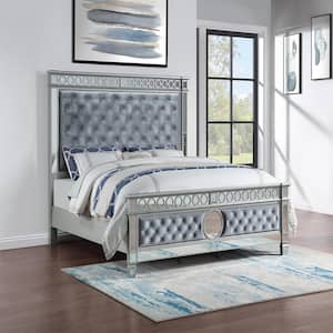 Geneva Silver Champagne Wood Frame Queen Panel Bed with Mirror Accent Headboard and Footboard