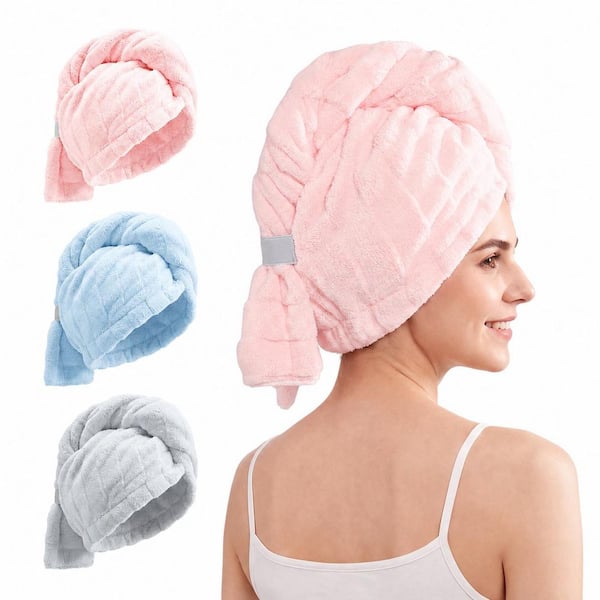 Pink Blue Gray Hair Towel Wrap, Super Absorbent Quick-Dry Microfiber Turban for Long Curly Thick Hair