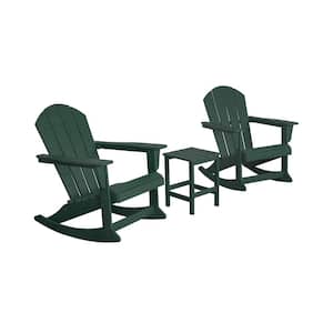Laguna 3-Piece Fade Resistant Outdoor Patio HDPE Poly Plastic Adirondack Rocking Chairs and Side Table Set, Dark Green