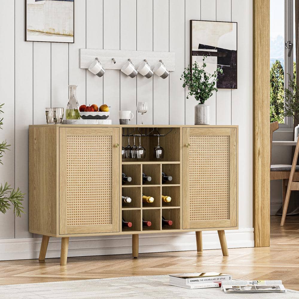 Rustic Oak and Rattan Wine Bar Cabinet with Adjustable Shelves