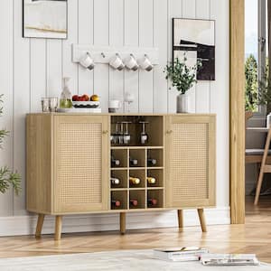 Oak Rattan Wine Bar Cabinet Farmhouse Liquor Cabinet with Wine Rack Sideboard Buffet Cabinet