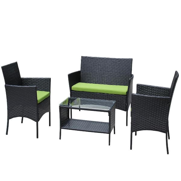 Afoxsos 4-Piece Black Outdoor Rattan Wicker Conversation Set Patio Sofa Set with Coffee Table and Green Cushions