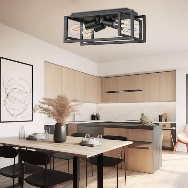11.41 in. 4-Light Industrial Metal Black Caged Square Flush Mount Industrial Vintage Ceiling Lighting for Living Room