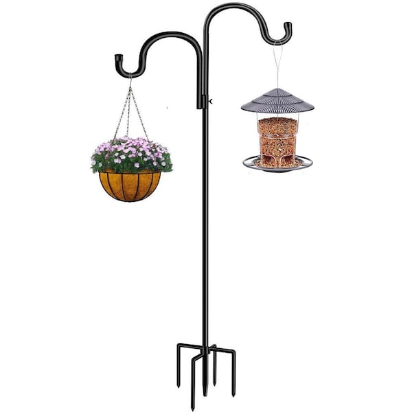 94 in. Metal Double Shepard's Hooks, 5-Prongs Base Adjustable Bird Feeder Stand for Hanging, 1-Pack