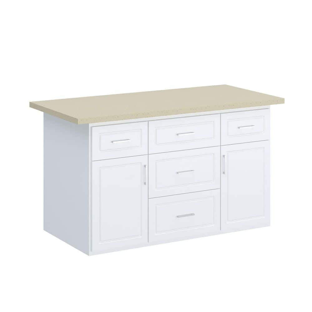White and Natural Wood 66.9 in. Kitchen Island with 5 Drawers, 2 Cabinets, Adjustable Shelves, Dining Table with Storage