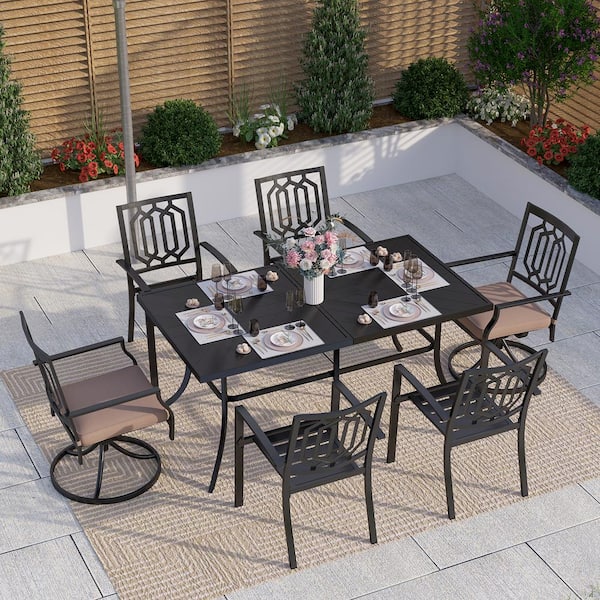 PHI VILLA Black 7-Piece Metal Patio Outdoor Dining Set with Rectangle Table and Fashion Chairs with Beige Cushion