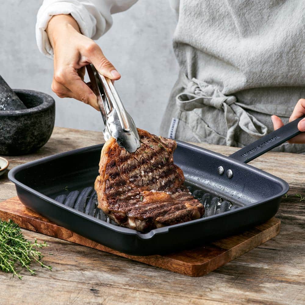 Merten & Storck Black Carbon Steel Square Grill Pan with Steel Handle