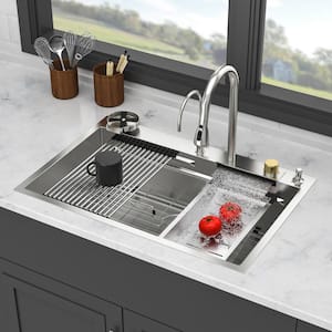 33 in. Drop-In Single Bowl 16-Gauge Brushed Nickel Stainless Steel Kitchen Sink with Faucet, Cup Washer and Workstation