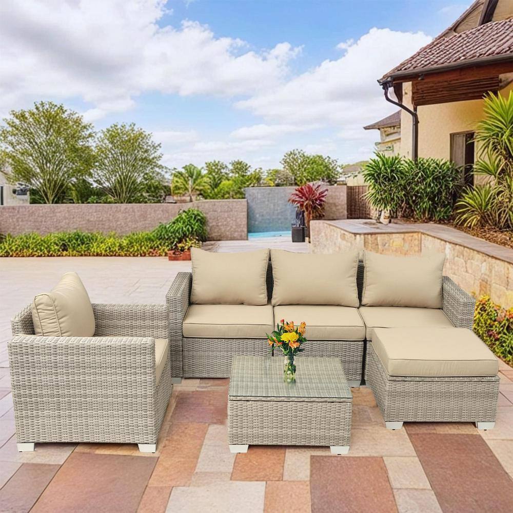 6-Piece Light Gray Hand Woven PE Wicker Outdoor Patio Sectional Sofa Set wi