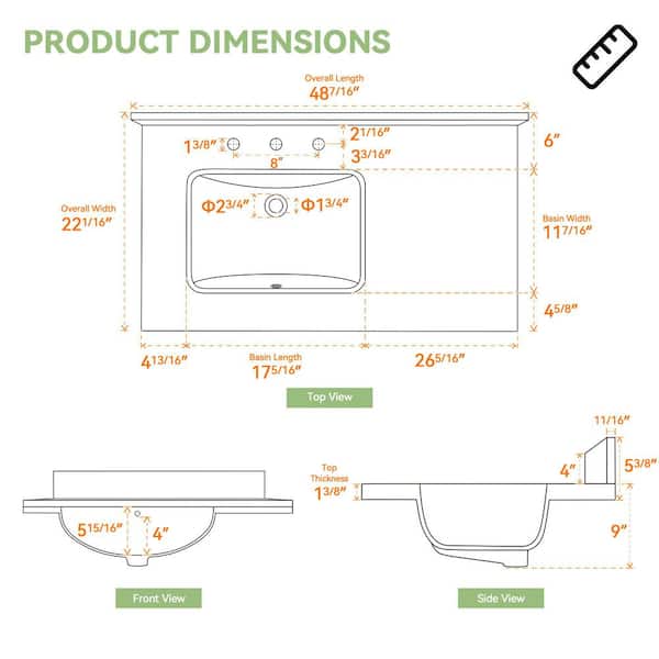 48 in. W x 22 in. D Engineered Stone White Rectangular Left Single Sink Vanity Top in Carrara White w/ 4 in. Backsplash