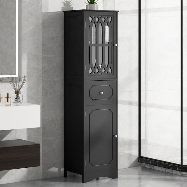 17 in. W x 14 in. D x 64 in. H Black Freestanding Linen Cabinet