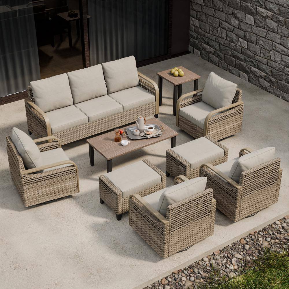 7-Person Gray Cushioned Brown Steel Patio Sofa Set
