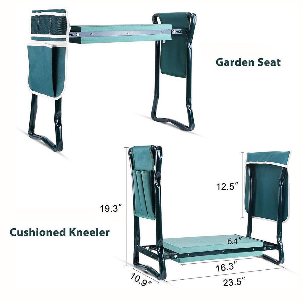 Foldable Green Steel Garden Kneeler and Seat with Tool Pouches