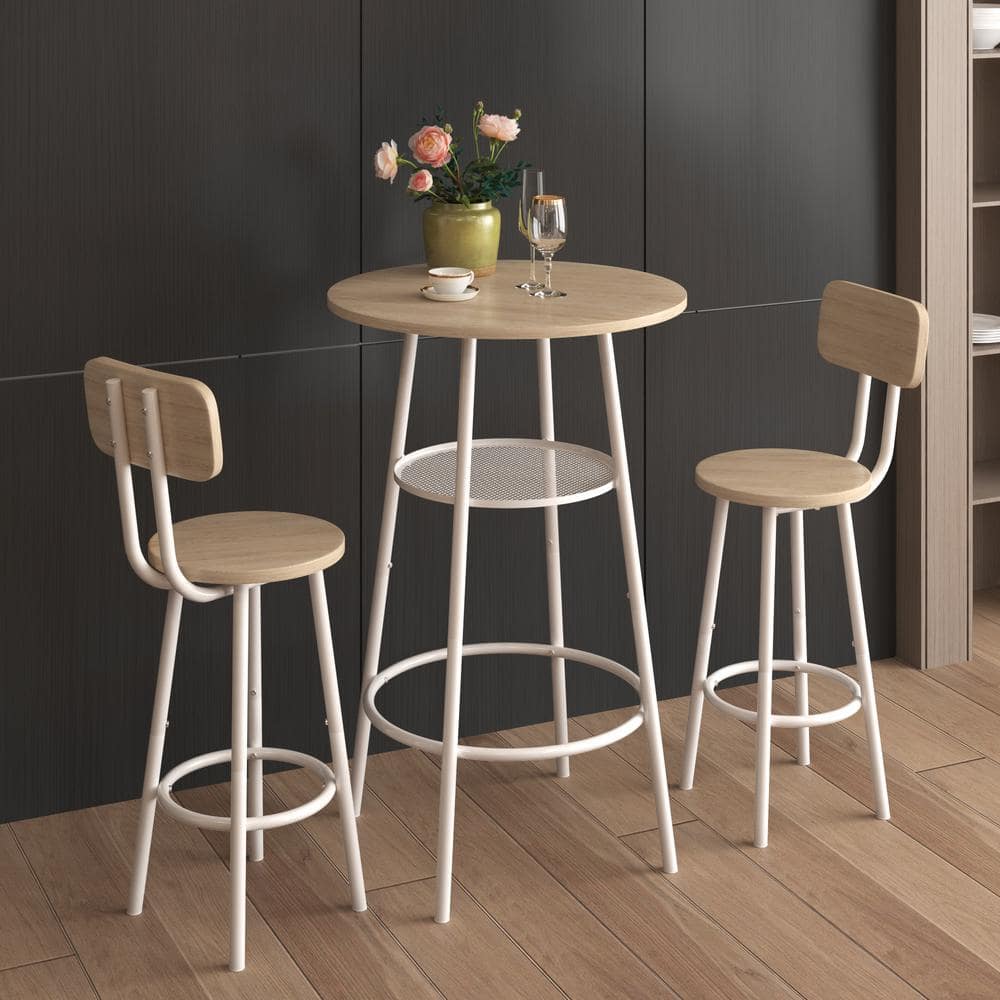 3-Piece Outdoor Bar Metal Dining Table Set, with 2 Bar Stools, White Oak, f