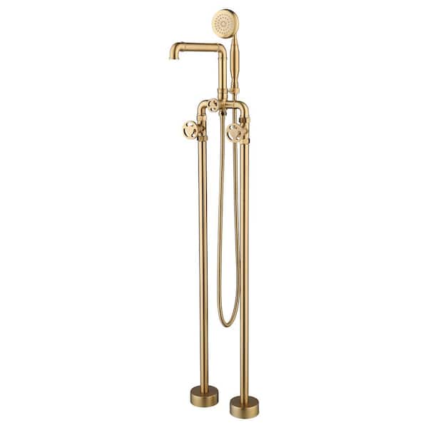 Tomfaucet 3-Handle Floor Mount Freestanding Tub Faucet with Hand Shower in Brushed Gold