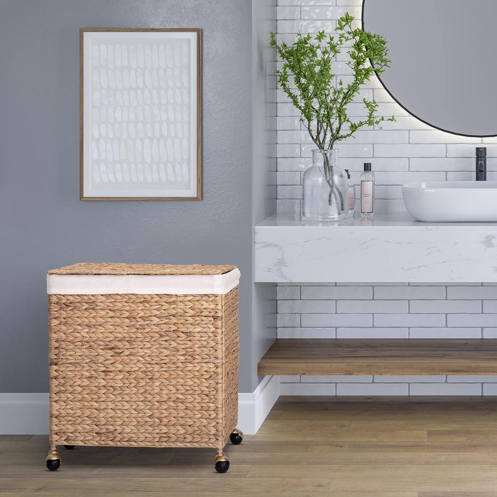 Natural Wicker Lidded Laundry Hamper with Gold Casters