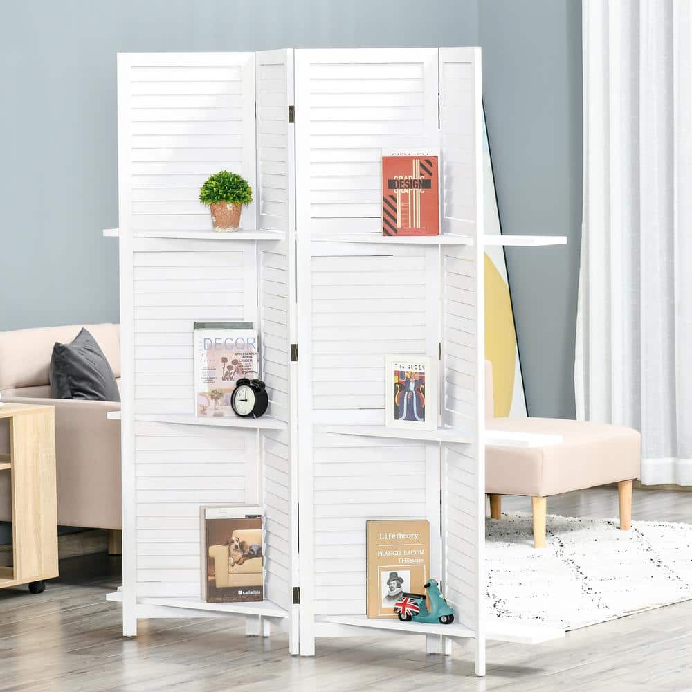 White Wood 4-Panel Folding Room Divider with Shelves