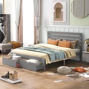 61 in. W Simple Style Gray Queen Size Platform Bed with Drawer