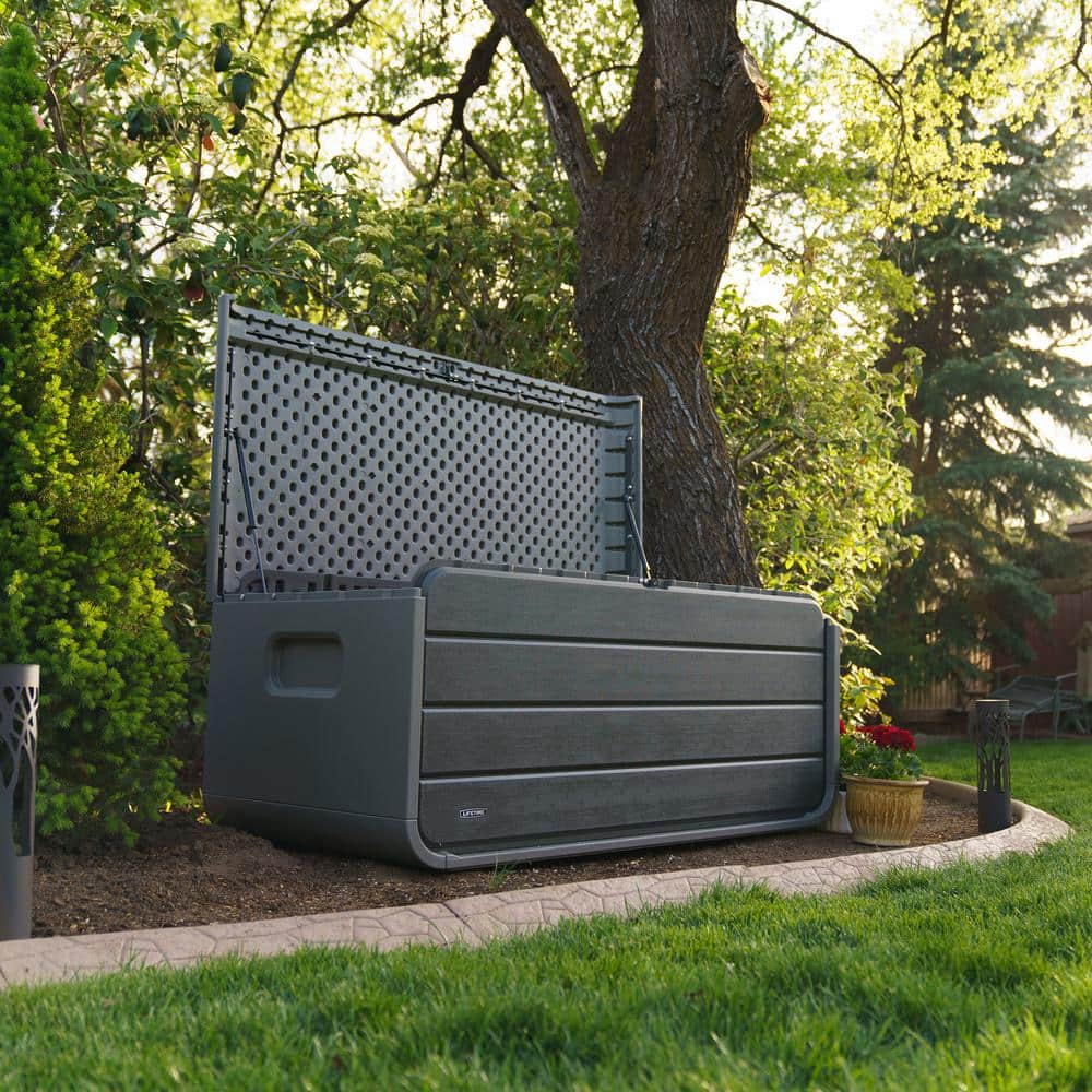 Gray Lockable Plastic Outdoor Storage Deck Box, 136 Gallon