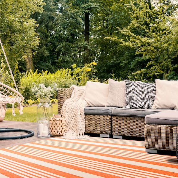 Courtyard Terracotta/Beige 8 ft. x 8 ft. Square Striped Indoor/Outdoor Patio  Area Rug