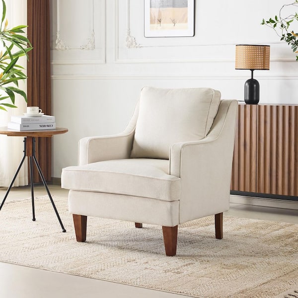 Winado Beige Velvet Arm Chair with High Armrest T-Shaped Seat Cushion Solid Wood Legs