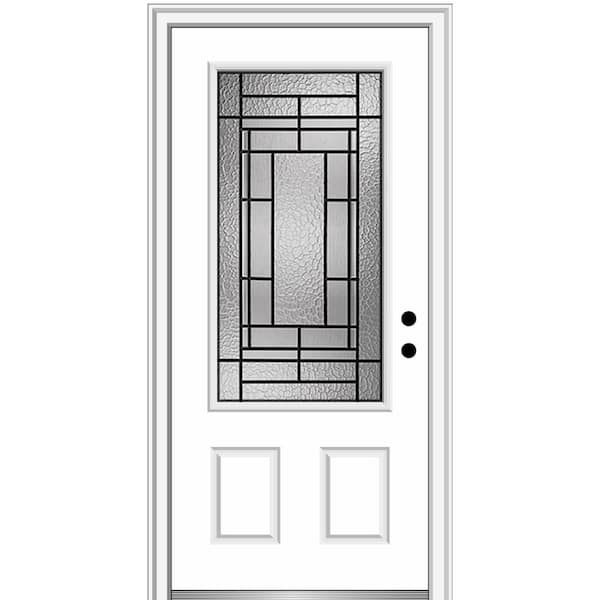 MMI Door Pembrook 36 in. x 80 in. 2-Panel Left-Hand Inswing 3/4 Lite Decorative Glass Primed Fiberglass Prehung Front Door