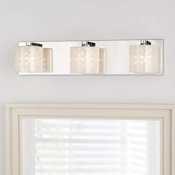 Home Decorators Collection Pommercy Place Collection 3-Light Chrome Vanity Light With Sand Blasted Glass Shades and Glass Decorative Beads