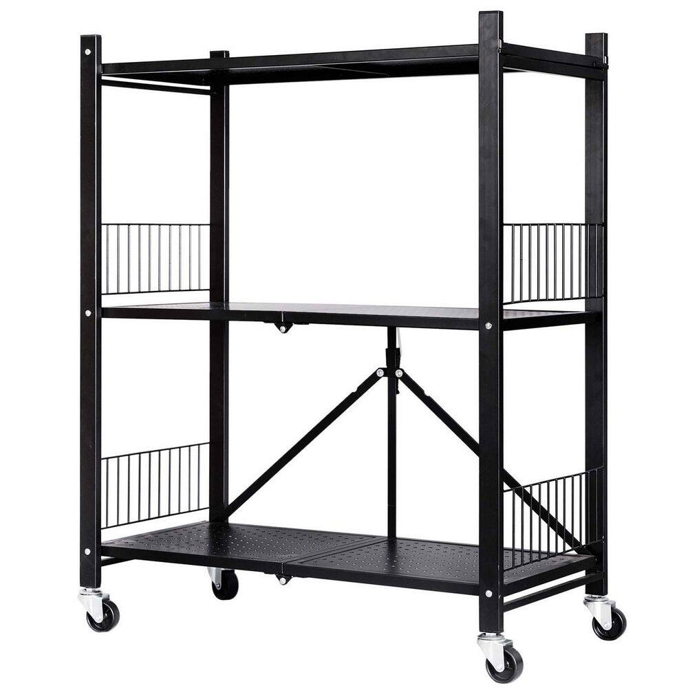Black 3Tier Metal Foldable Garage Storage Shelving Unit (28 in. W x 33